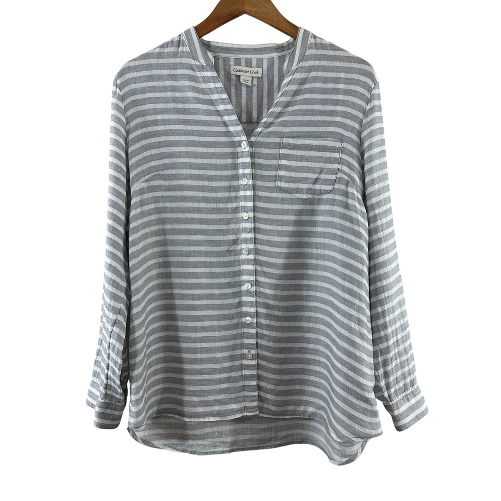 Coldwater Creek‎ Womens Grey White Striped 100% Linen Roll Tab Button Shirt L 14